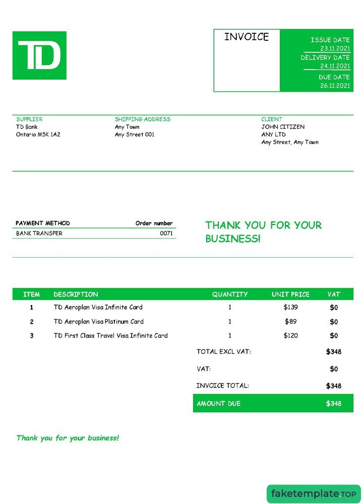 Feature of fake USA TD invoice example